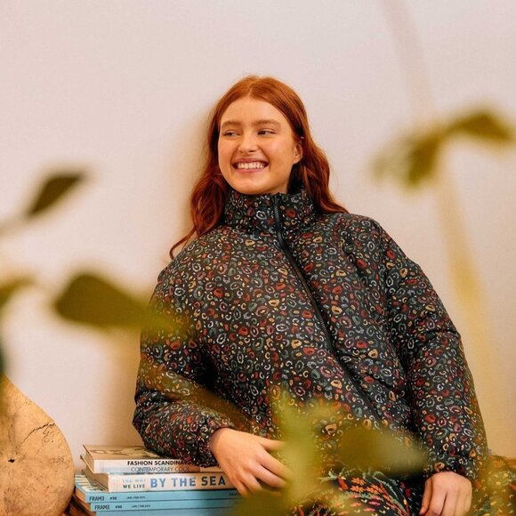 FARM RIO Puffer Jacket M Reversible Borogodo Metallic Floral Tropical Winter - Picture 1 of 15